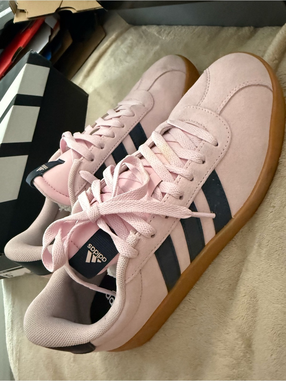 adidas Women’s Pink Suede Sneakers with Navy Stripes